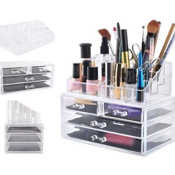 Organizator cosmetice din acril, 4 sertare, 16 compartimente