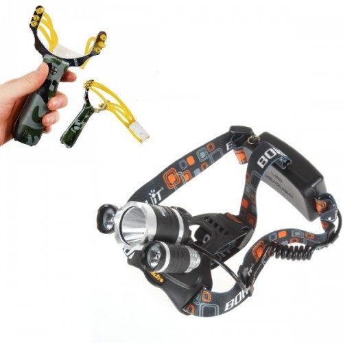 Lanterna frontala cu 3 leduri si 2 acumulatori, Led Cree 5W + Cadou: Prastie de mare viteza