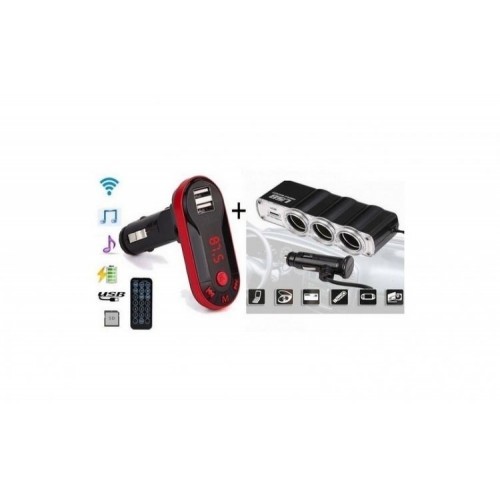 Pachet auto - Modulator FM mp3 player Bluetooth, cu incarcator pentru diverse dispozitive incorporat + priza bricheta tripla si USB incorporat