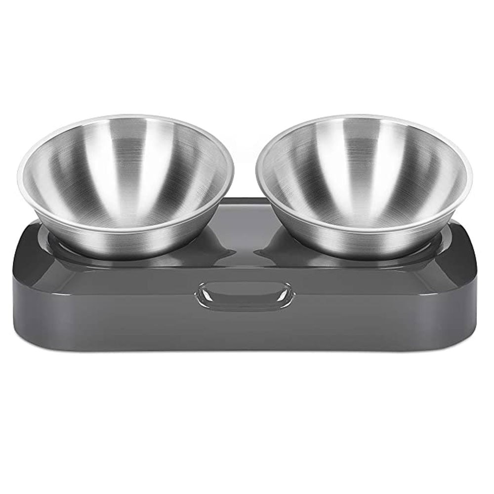 Set 2 boluri cu suport pentru animale, Inox/Polipropilena, Inclinare 15°, Gri