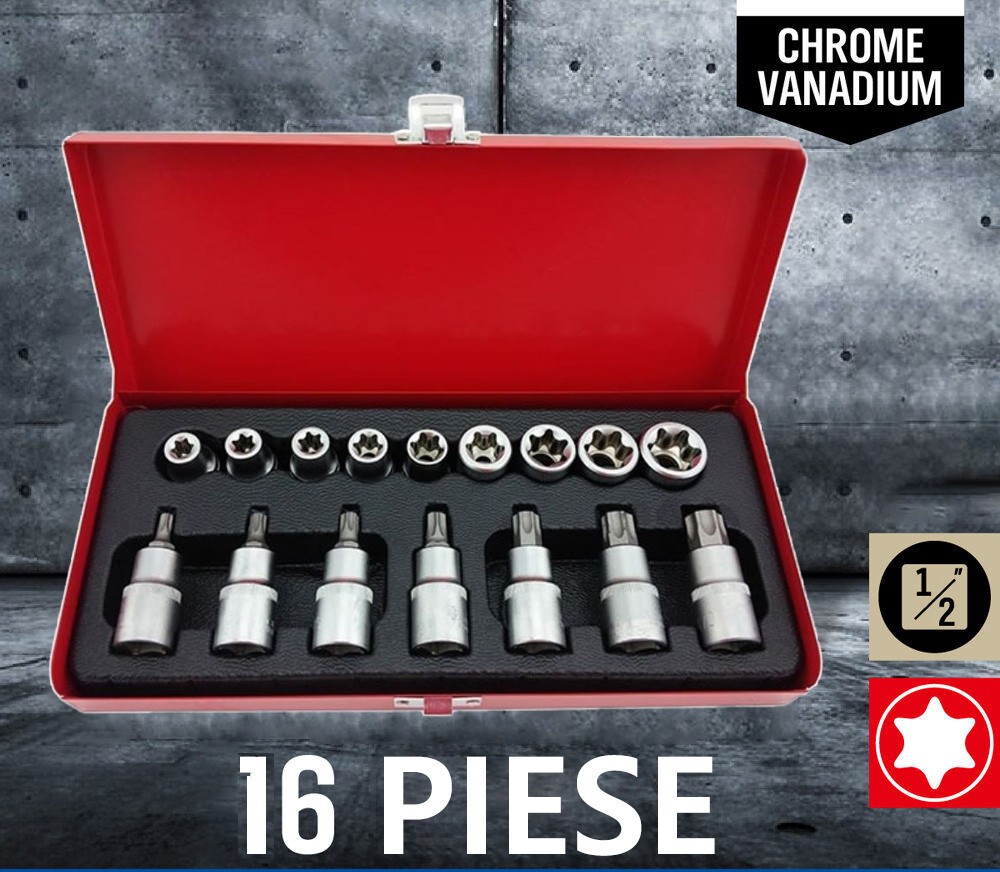 Trusa 16 piese chei tubulare torx si capete biti torx